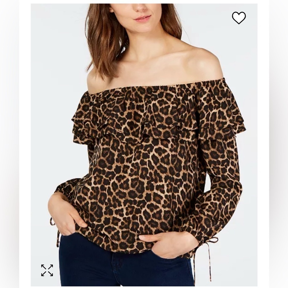 Michael Kors Cheetah-Print Ruffled Top peasant blouse off- shoulder Size Small - Picture 7 of 7